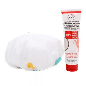 Kit and Coco head lice shampoo and its shower cap